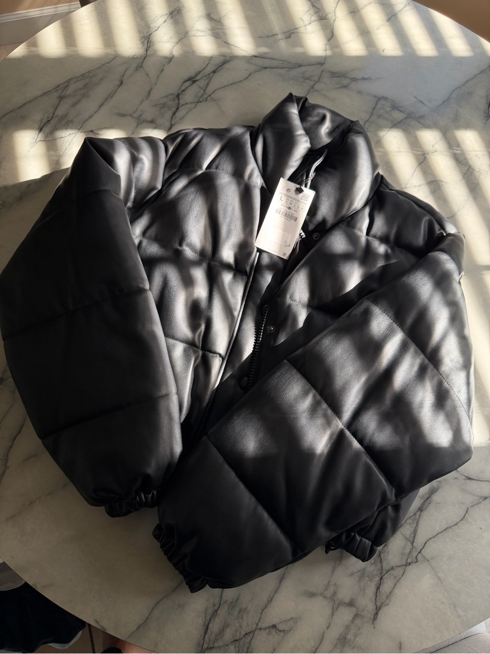 Zara Women’s Faux Leather Black Puffer Jacket - SZ L, BRAND NEW